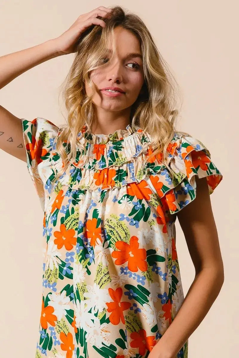 BiBi Multi Color Floral Print Woven Top for Women - Love Salve